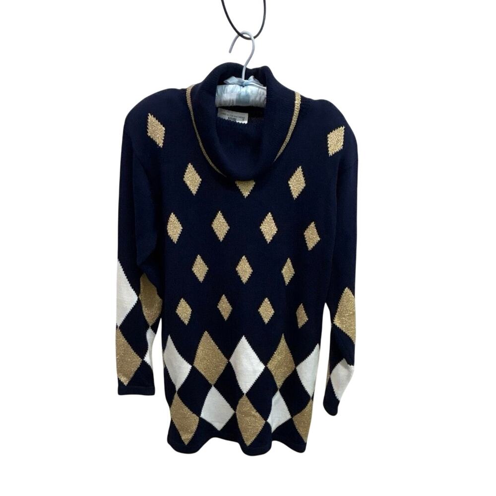 VTG 80s Anne Klein Knitwear Sweater Nautical NWT Metallic Argyle Cowl Navy, SP
